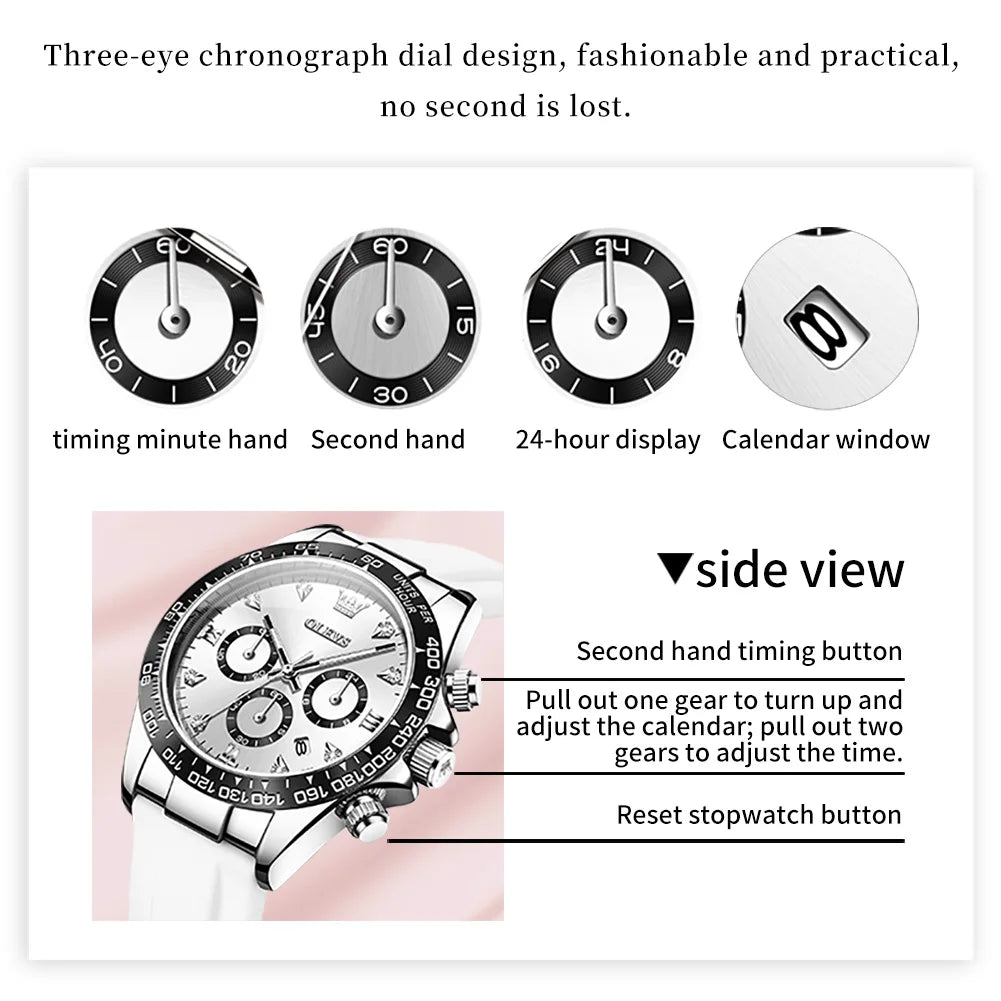 OLEVS 5618 women's white quartz chronograph watch with a round silver bezel, three sub-dials, and date window.
