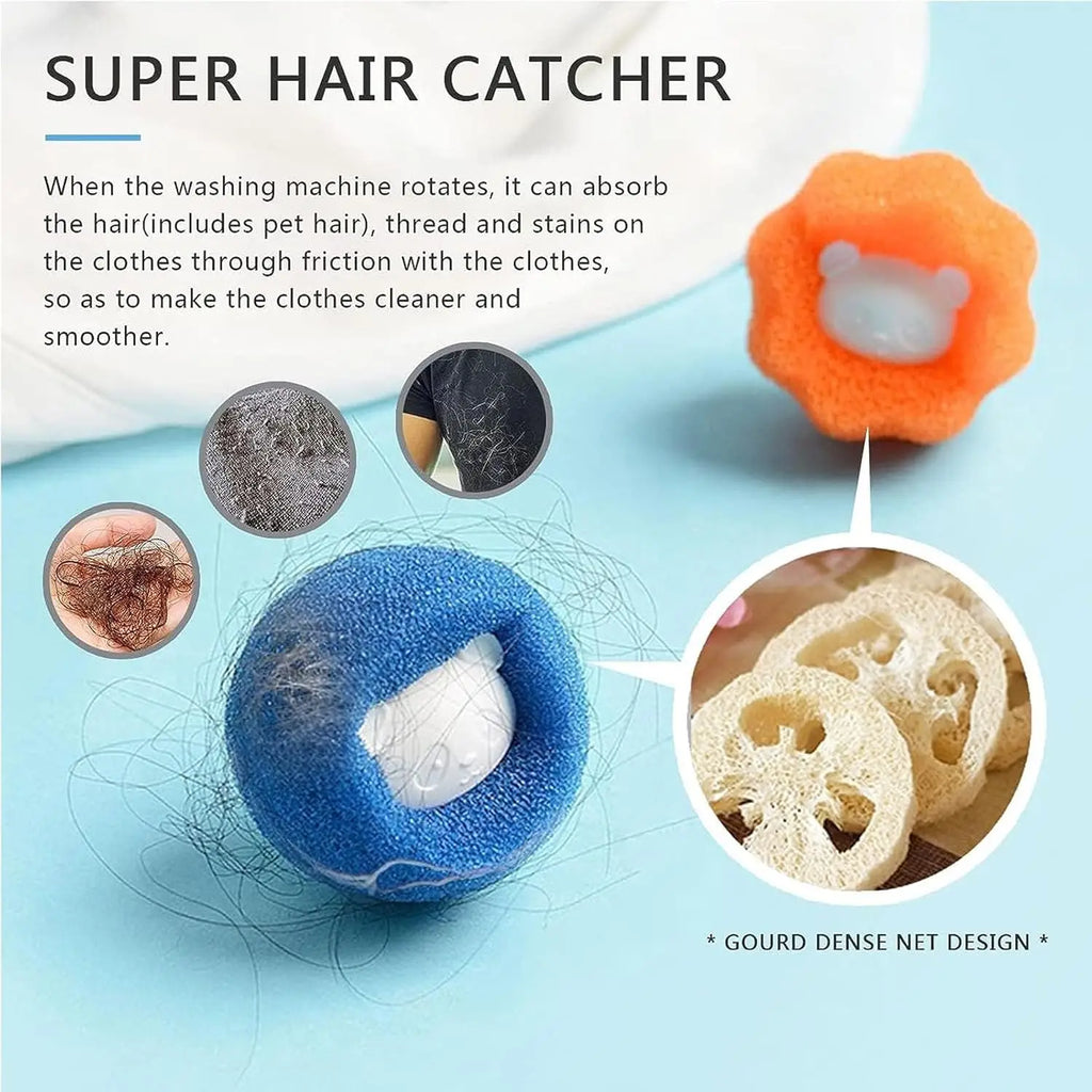 Blue and orange flower-shaped laundry hair catchers with central bear icons, shown collecting lint and pet hair.
