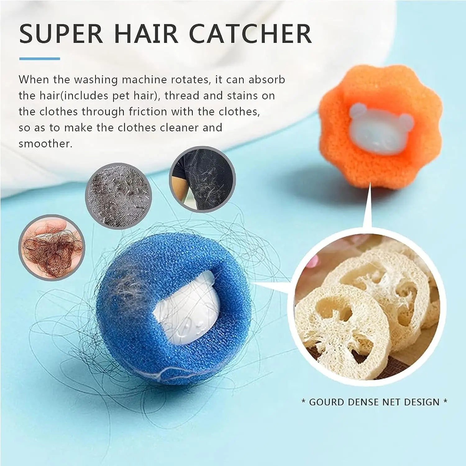 Blue and orange flower-shaped laundry hair catchers with central bear icons, shown collecting lint and pet hair.