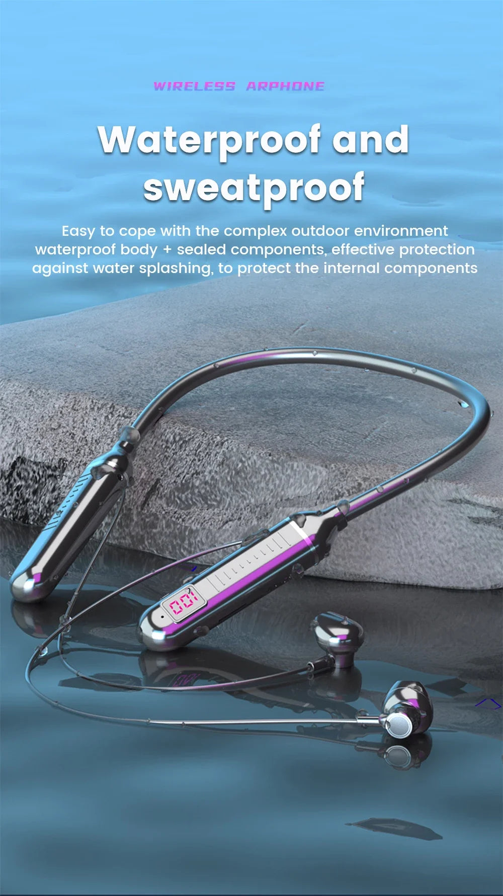 Sleek grey wireless neckband earphones with a digital LED battery display, resting on a wet surface.