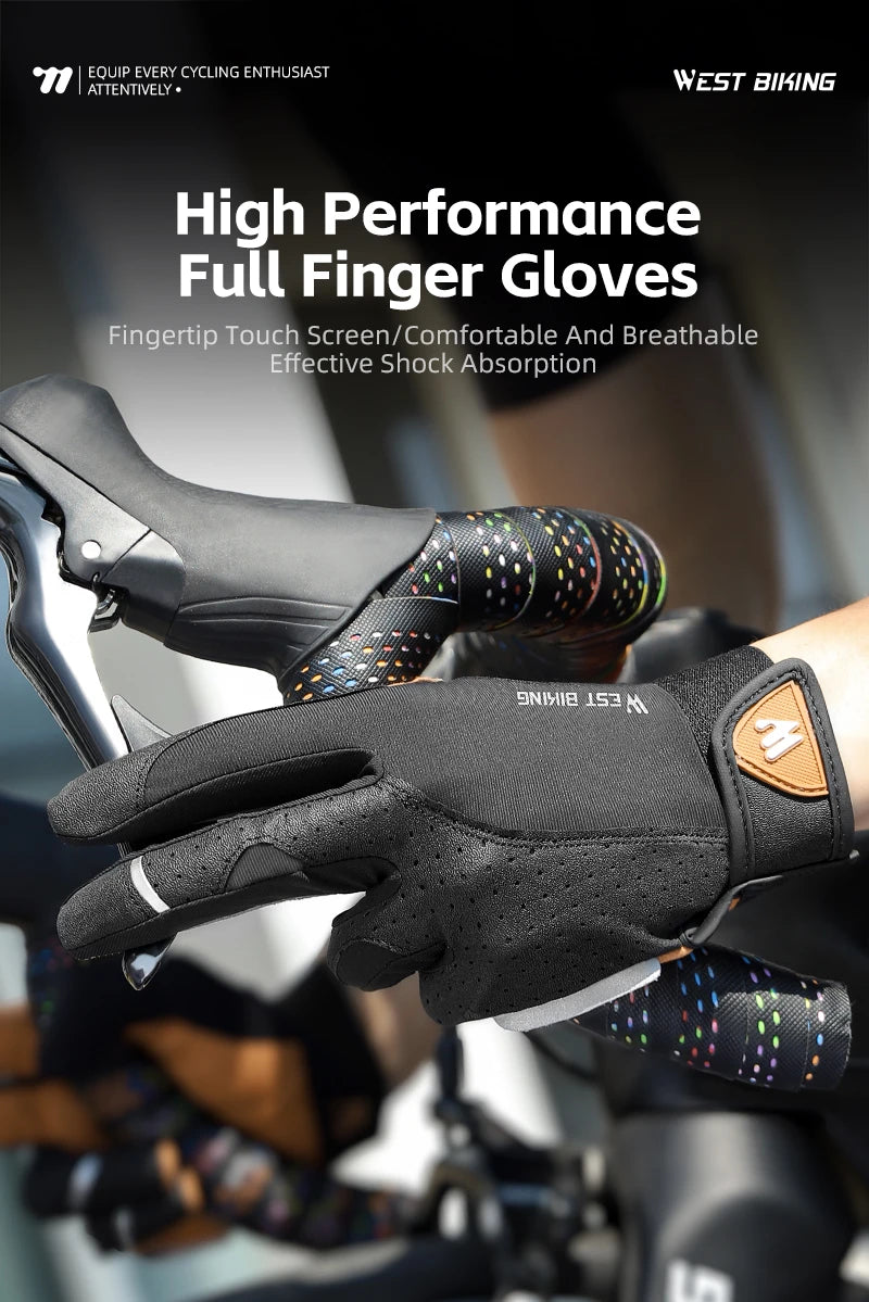 Black West Biking full-finger cycling gloves with tan leather-look wrist detail, worn while holding bike handlebars.