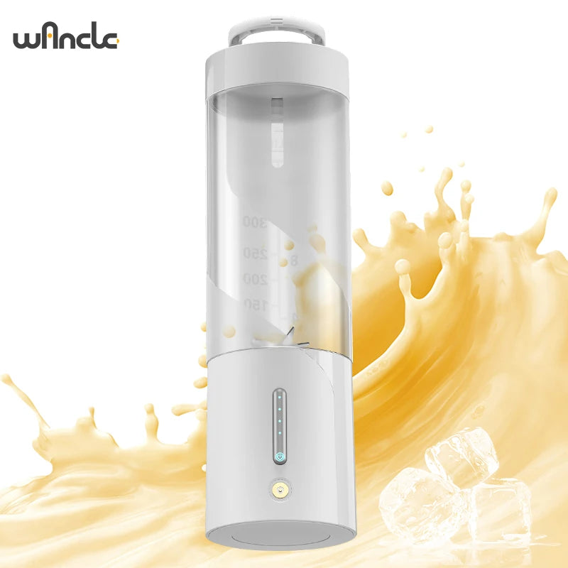 A sleek, white portable blender with a clear, marked canister, set against a backdrop of creamy liquid and ice cubes.