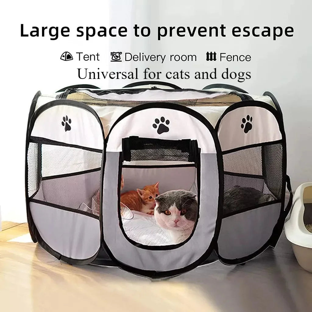 Collapsible grey and white mesh pet playpen with paw print patterns, featuring an open doorway with two cats inside.