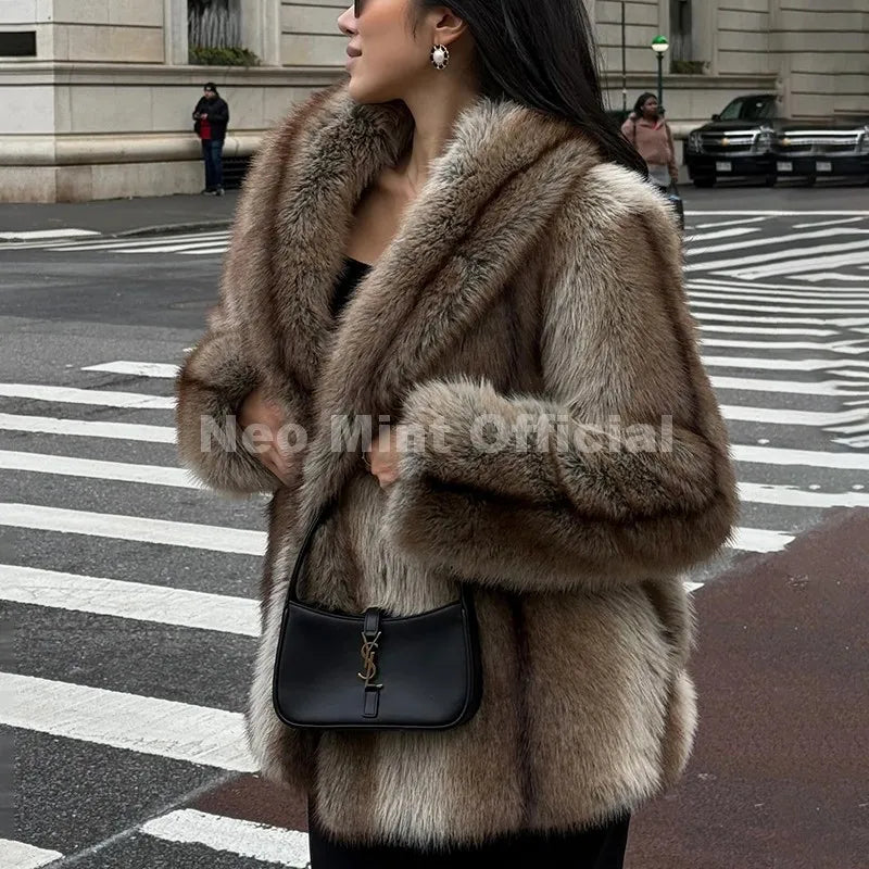 Brown striped faux fur coat with a large scarf collar and plush textured overcoat design.