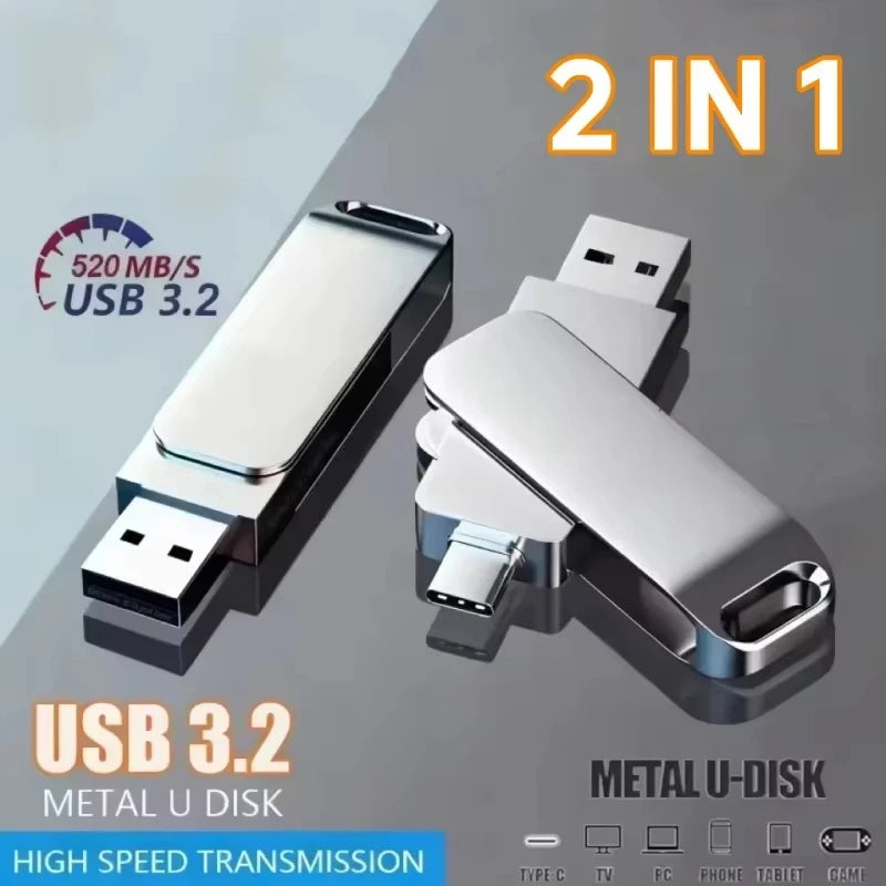 Two silver, metallic 2-in-1 flash drives featuring both USB-A and USB-C connectors for high-speed file transfers.