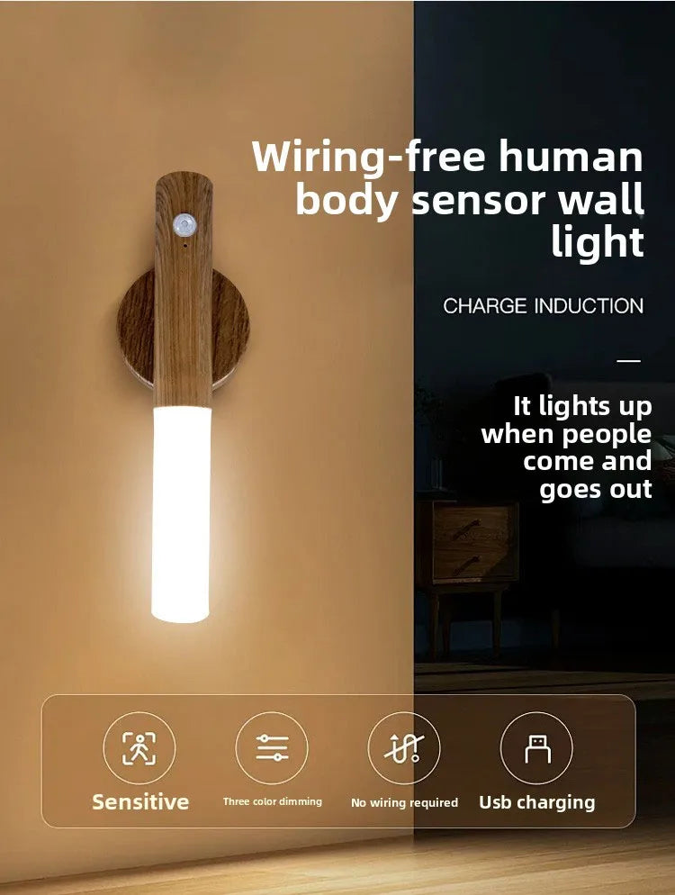 Modern wood-effect rechargeable LED wall light with motion sensor and three colour dimming settings.