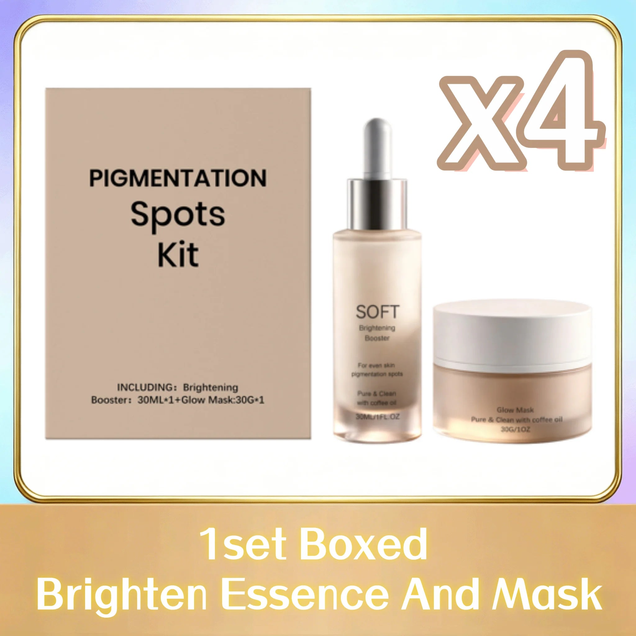 Pigmentation spots kit containing a 30ml brightening booster serum dropper bottle and a 30g face mask jar in beige box.