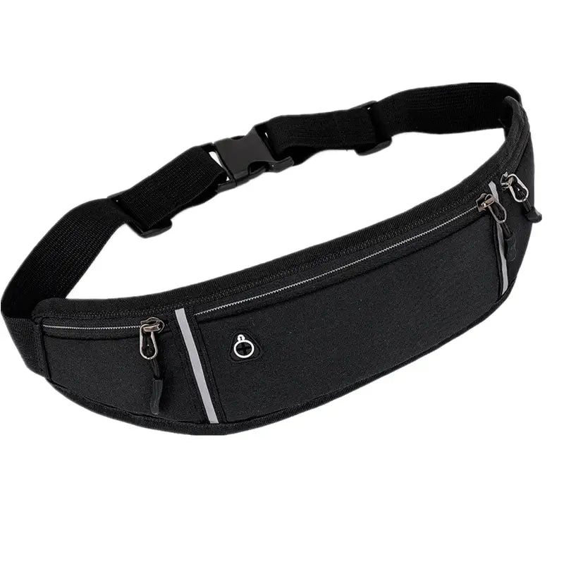 Black slimline running belt with two zipped pockets, adjustable strap, reflective strips, and earphone port.