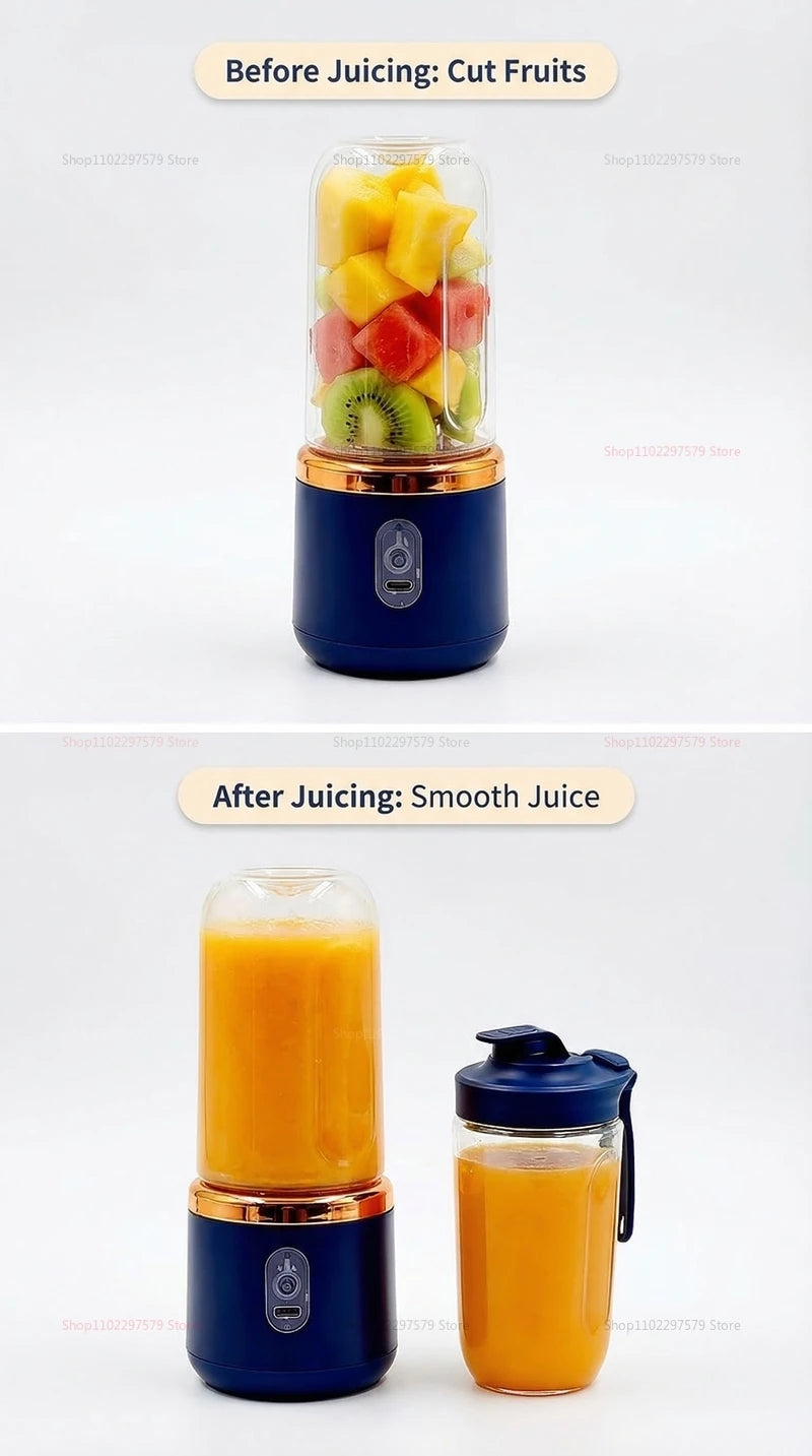 Portable electric blender in matte dark blue with gold trim, shown with chopped fruit and blended orange juice.