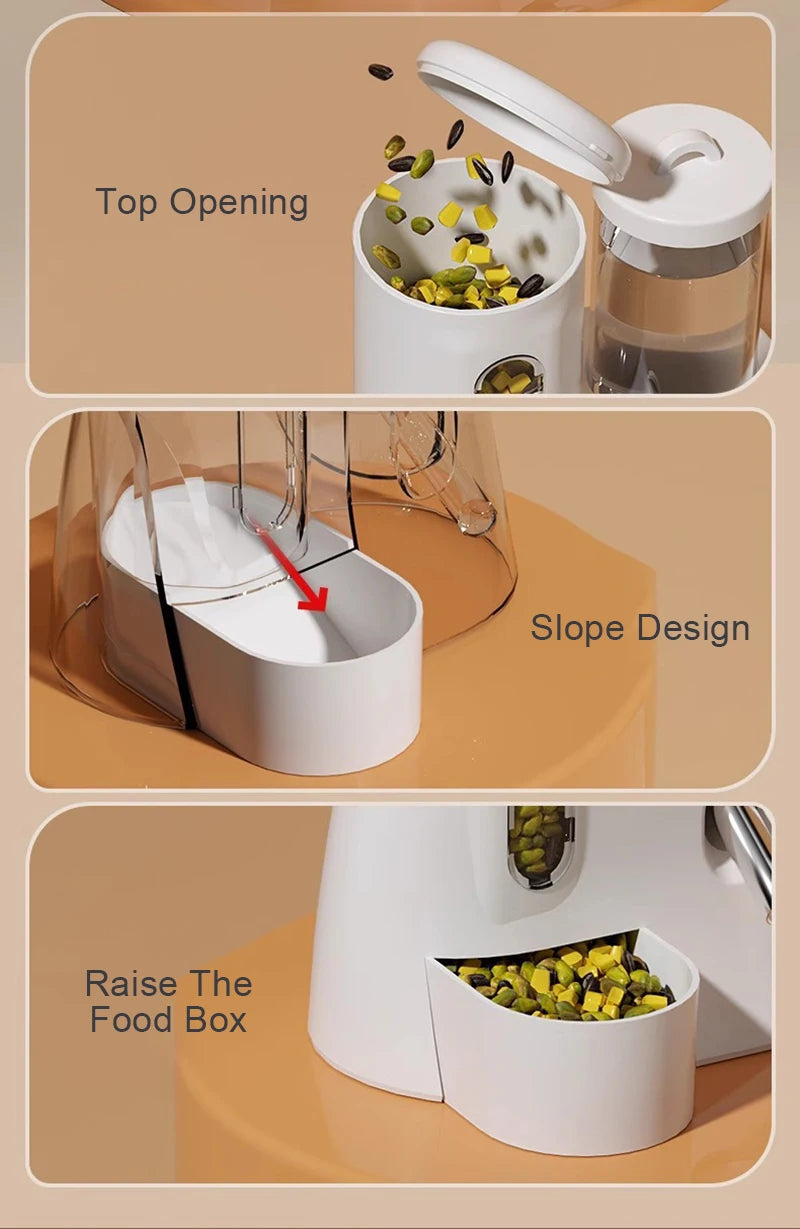 White, modern food dispenser with a clear container, top opening, sloped internal design, and removable food box.