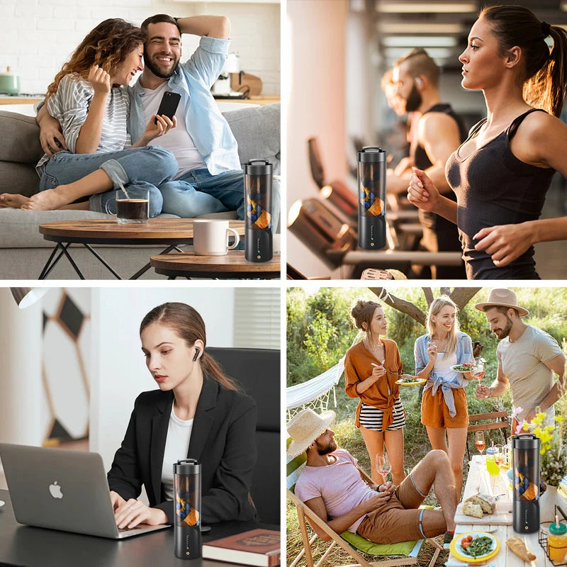 Black portable blender bottle with a sleek, minimalist design, shown in various lifestyle settings.