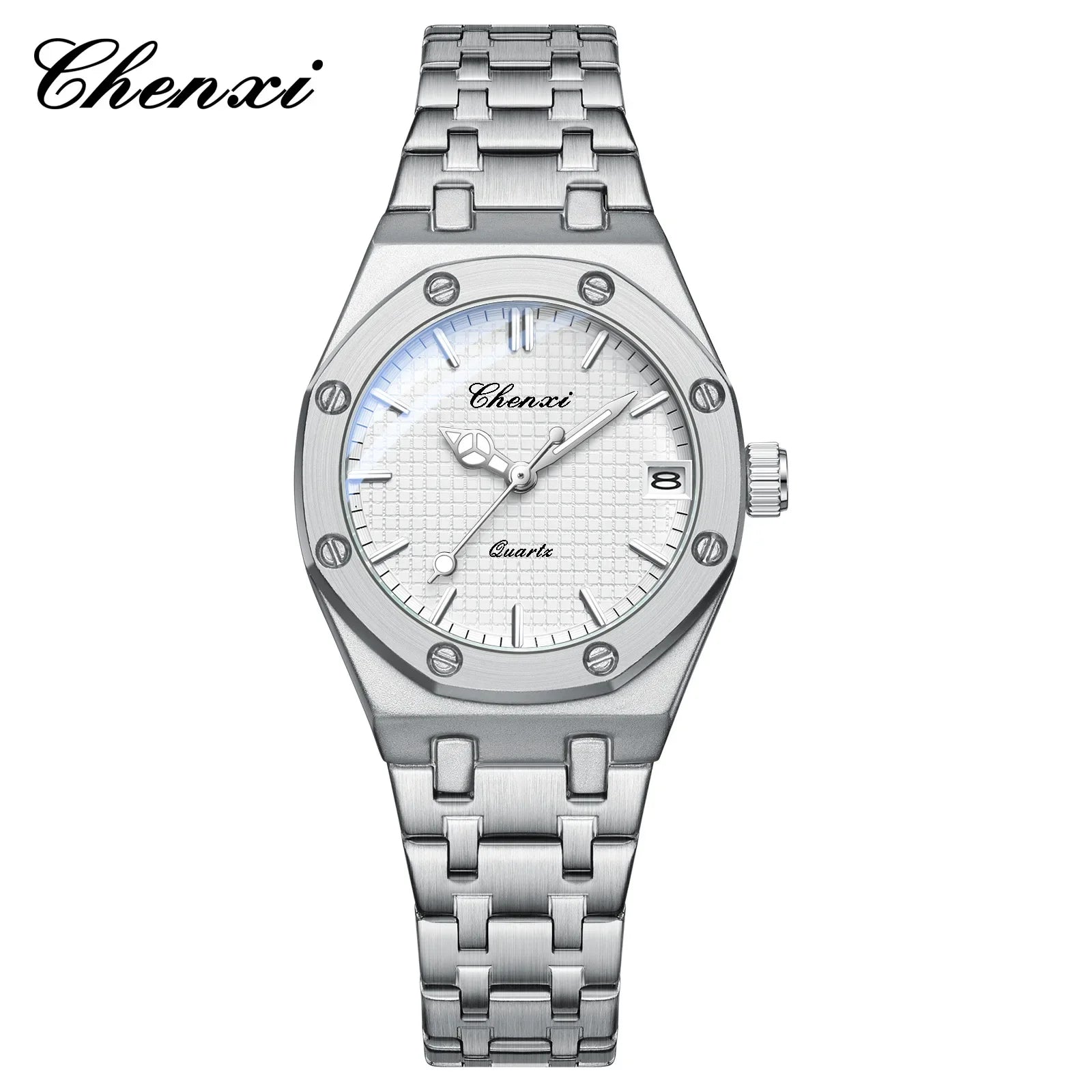 Elegant silver stainless steel women’s watch with a textured white dial, date window, and a link bracelet strap.