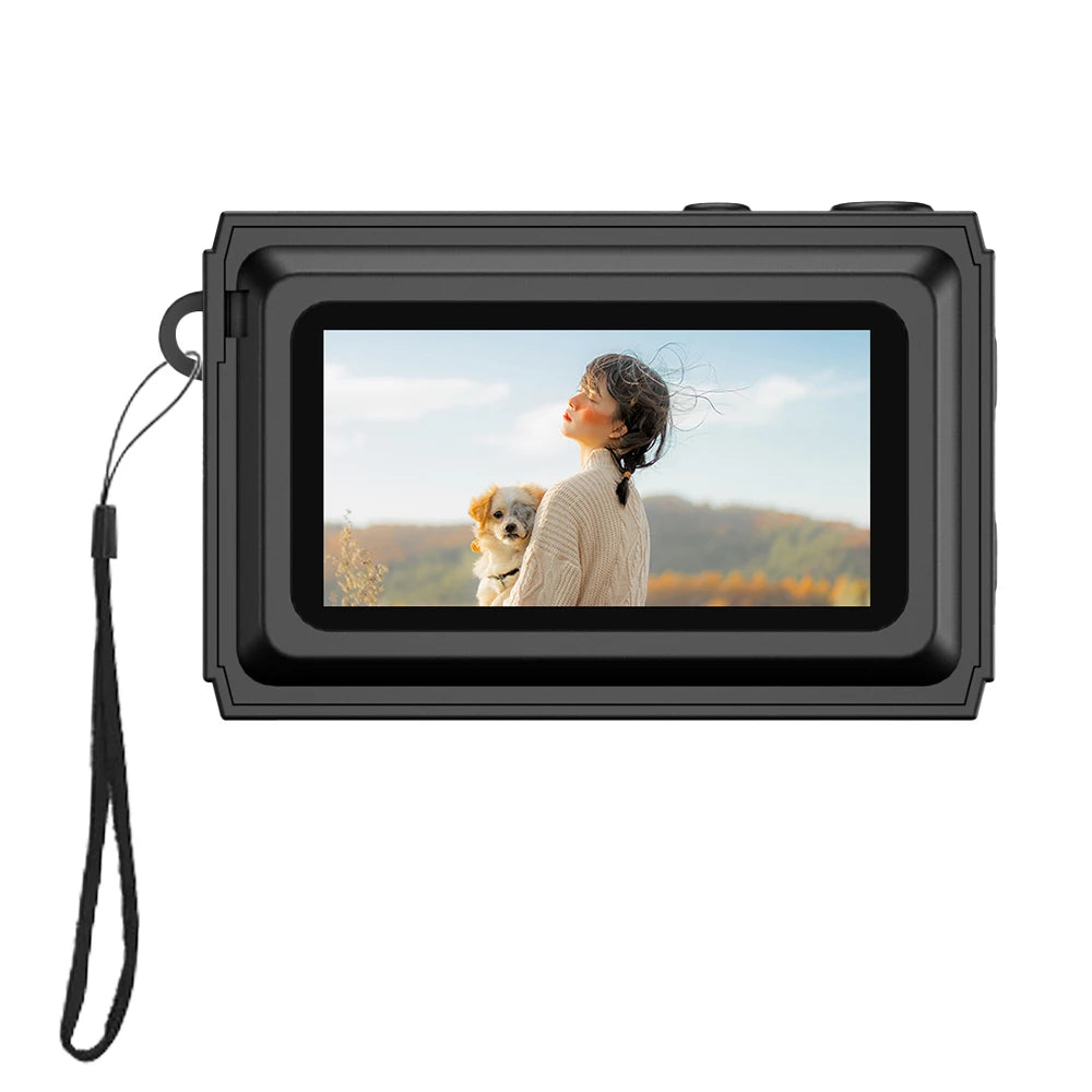 Black plastic digital camera with a screen displaying a person and dog, featuring an attached black wrist strap.