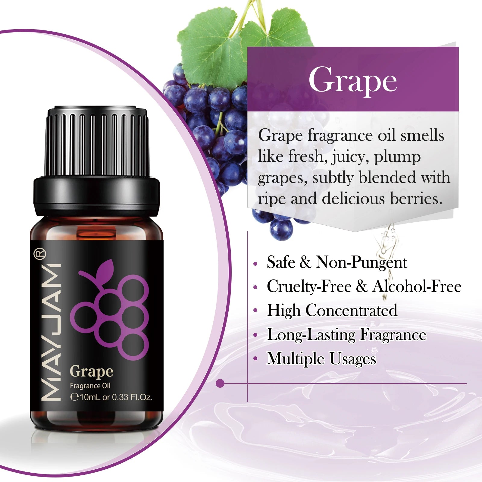 10ml bottle of concentrated grape fragrance oil with a black cap, featuring a purple grape graphic and berry notes.