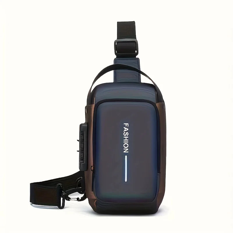 Dark metallic grey men’s anti-theft sling bag with a modern, structured design and adjustable crossbody strap.