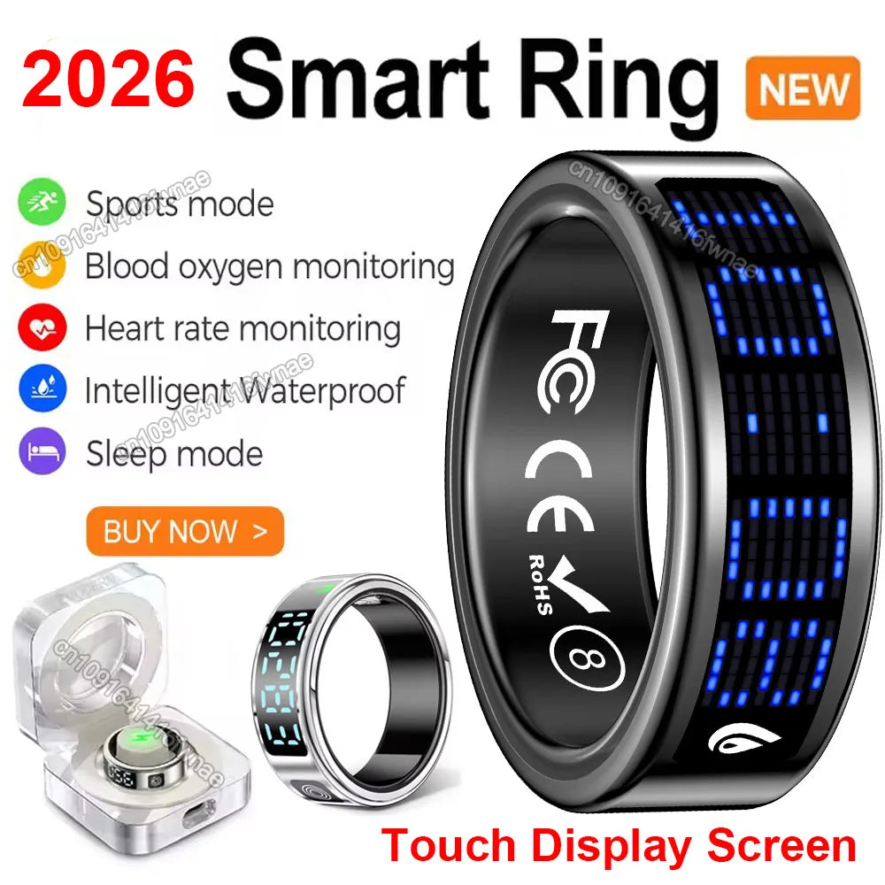 Sleek black smart ring with a blue LED touch display, health tracking features, and a matching charging case.
