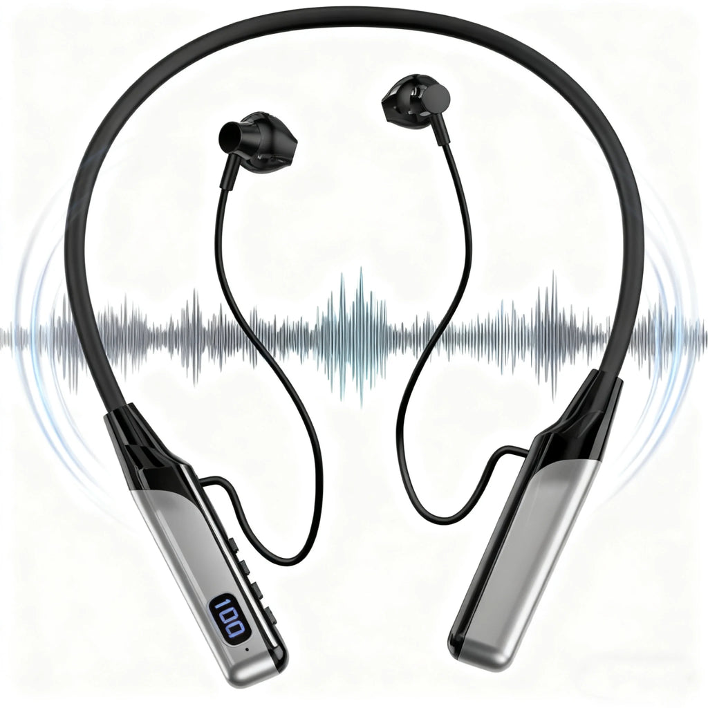Black and silver wireless neckband headphones with magnetic earbuds and a digital battery display.