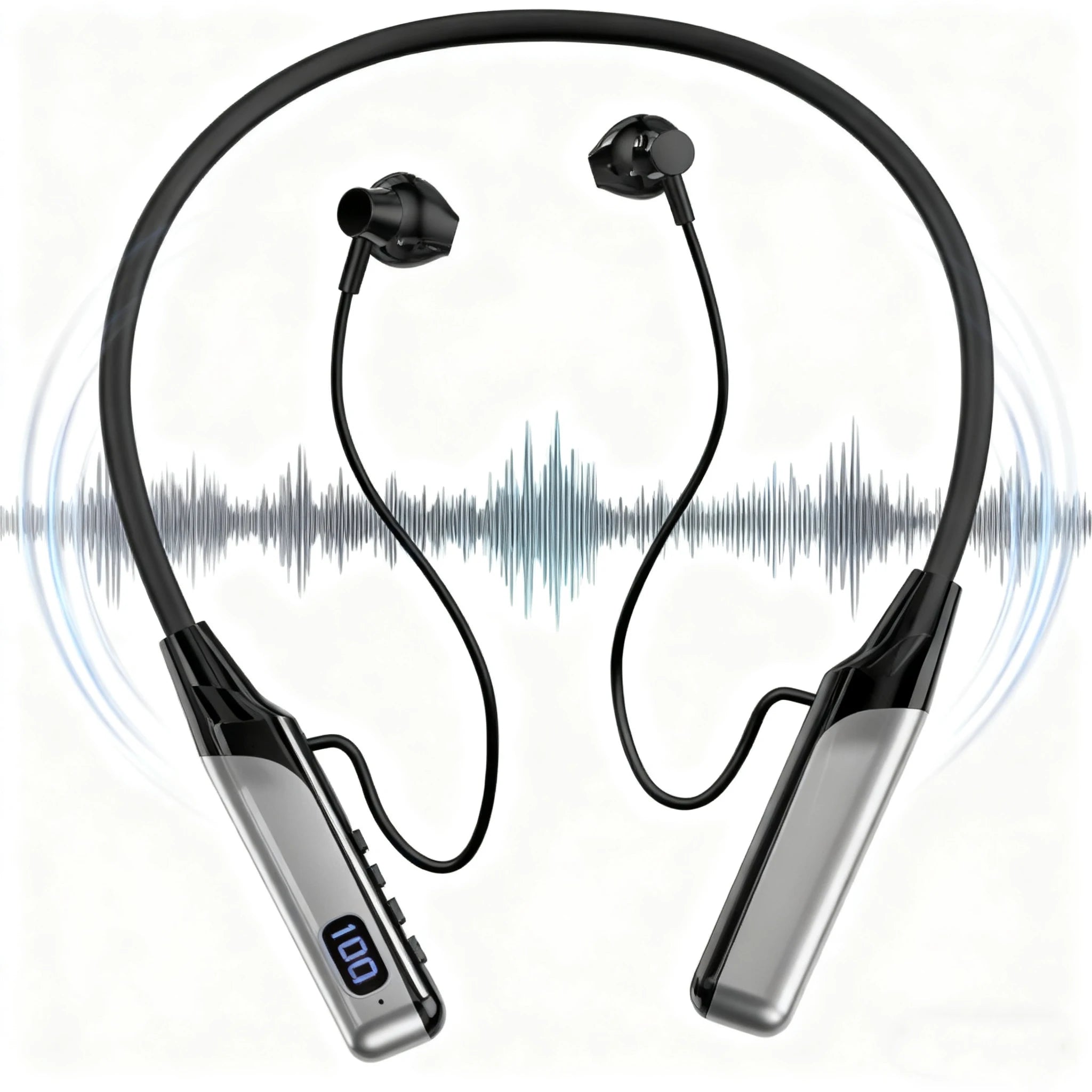 Black and silver wireless neckband headphones with magnetic earbuds and a digital battery display.
