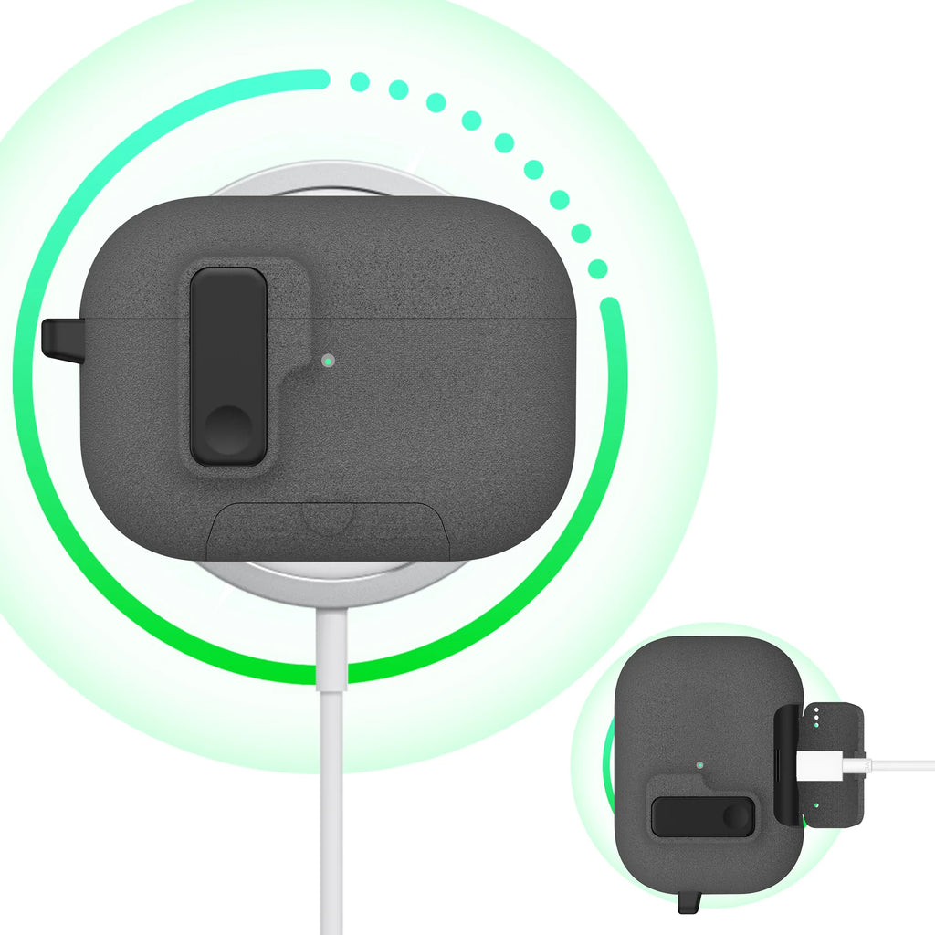 Dark grey textured protective case for AirPods Pro, shown wireless and cable charging.