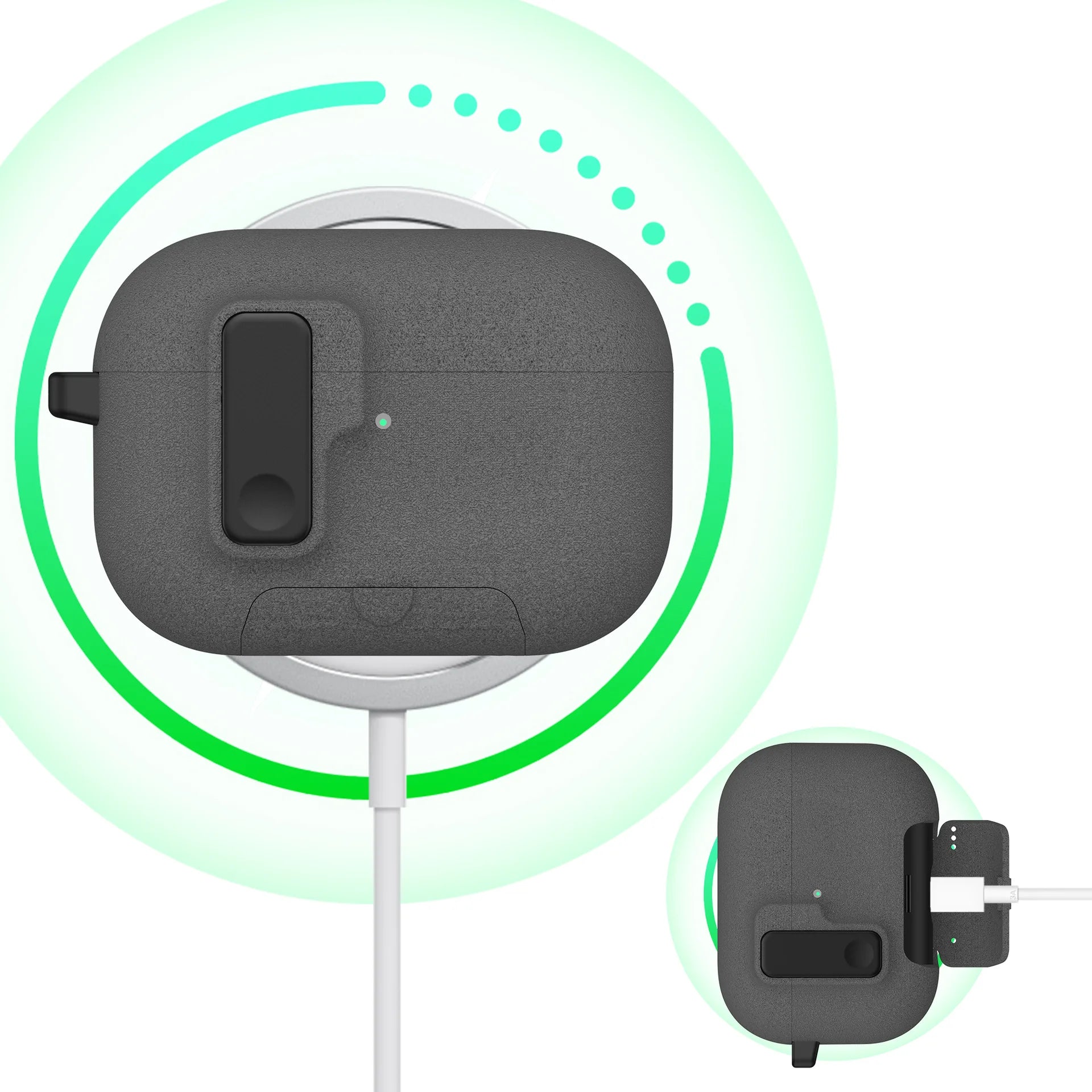 Dark grey textured protective case for AirPods Pro, shown wireless and cable charging.