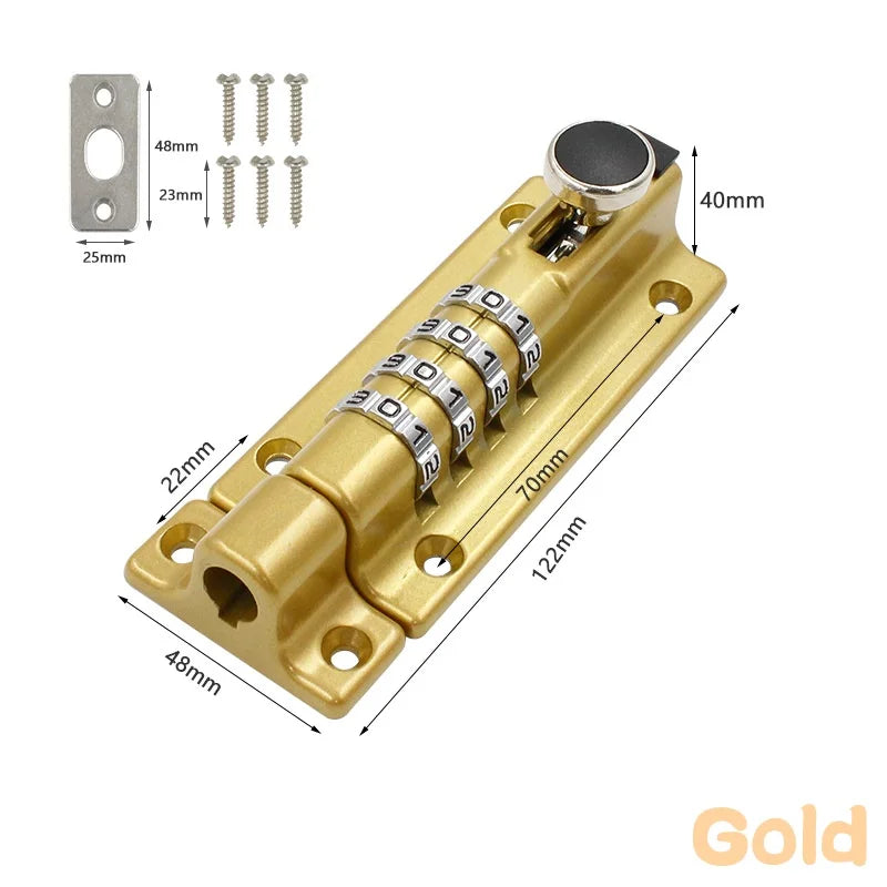Gold metal combination bolt lock with 4-digit code wheels, mounting hardware, and dimensional labels.