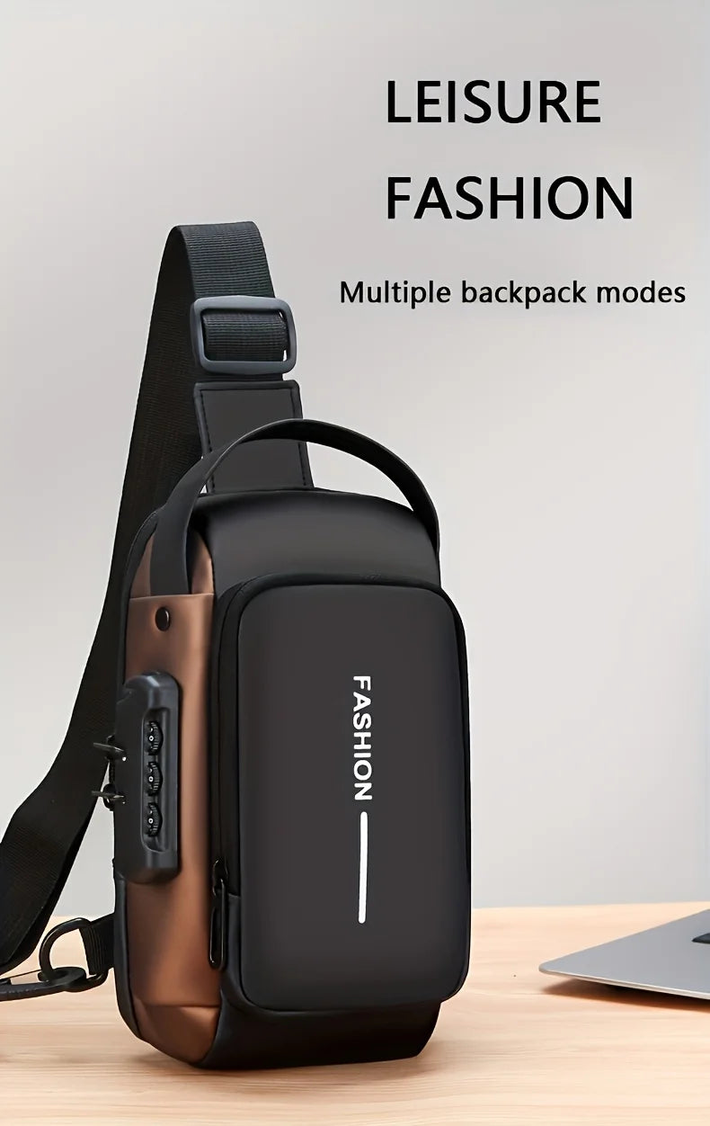 Black and bronze anti-theft sling bag with a secure combination lock, adjustable strap, and a modern, sleek design.