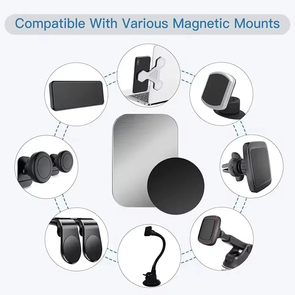 Silver rectangular and black circular adhesive metal plates for magnetic phone mounts, shown with various holder types.