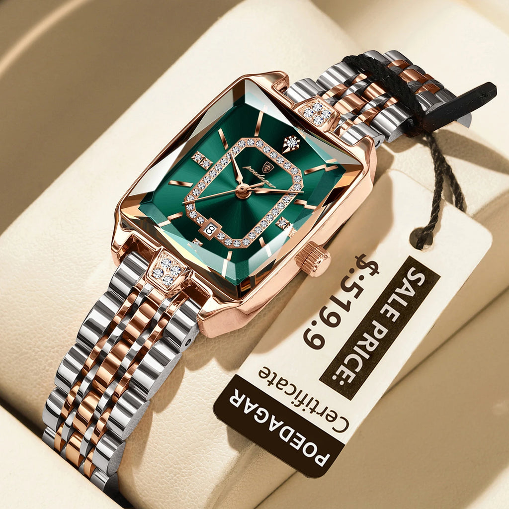 POEDAGAR rectangular women's watch with green dial, crystal bezel, rose gold case, and silver-gold metal band.