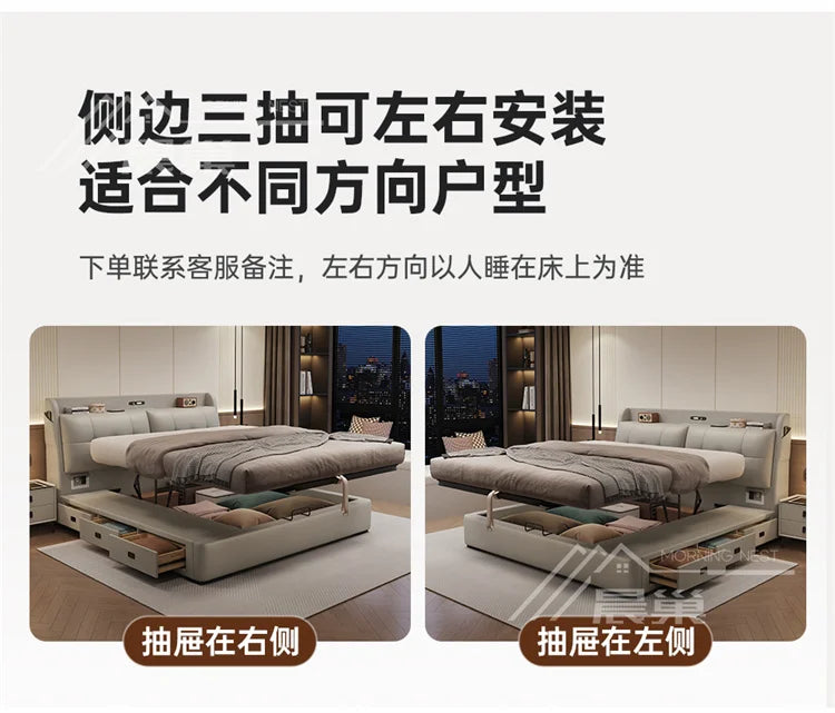 Modern cream upholstered storage bed with a lift-up frame and three side drawers, available in left or right orientation.