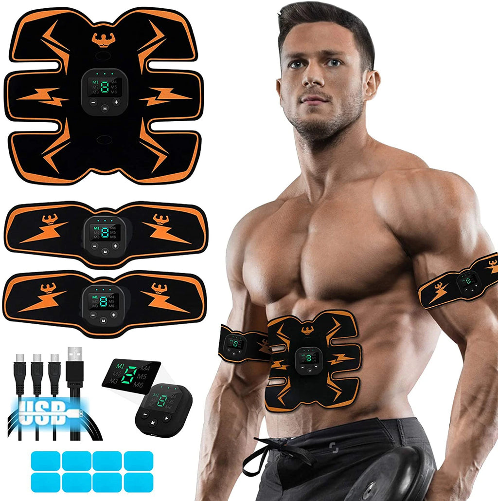 Black and orange EMS muscle stimulator pads with digital control displays, worn on a man's abs and arms.