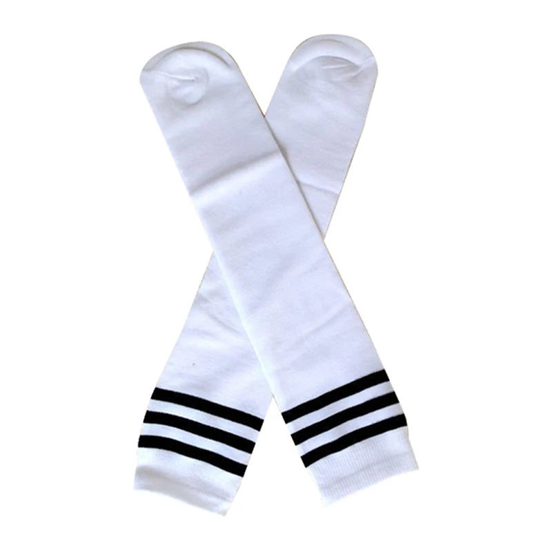 White knee-high socks featuring three black stripes at the cuffs, styled in a classic athletic look.