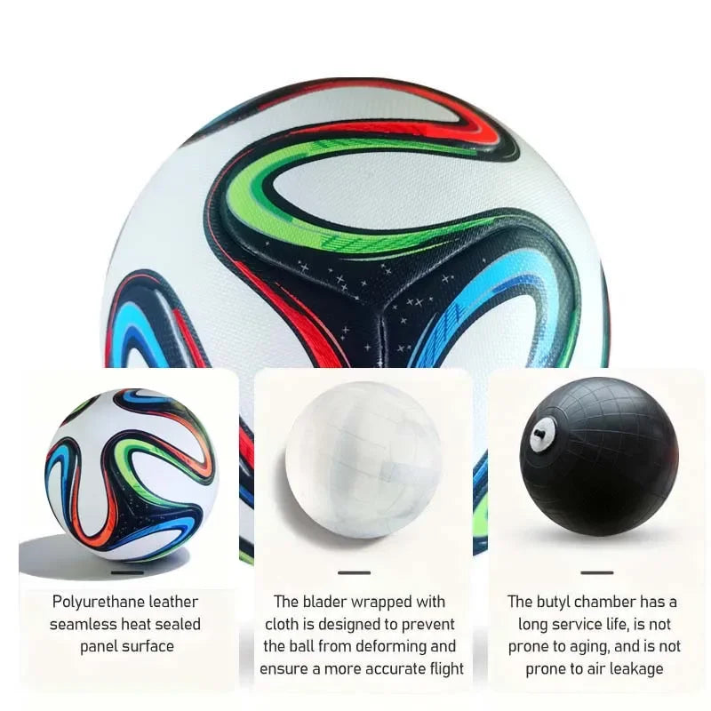 White football with colourful, heat-sealed panels, featuring a cloth-wrapped bladder and durable butyl chamber.