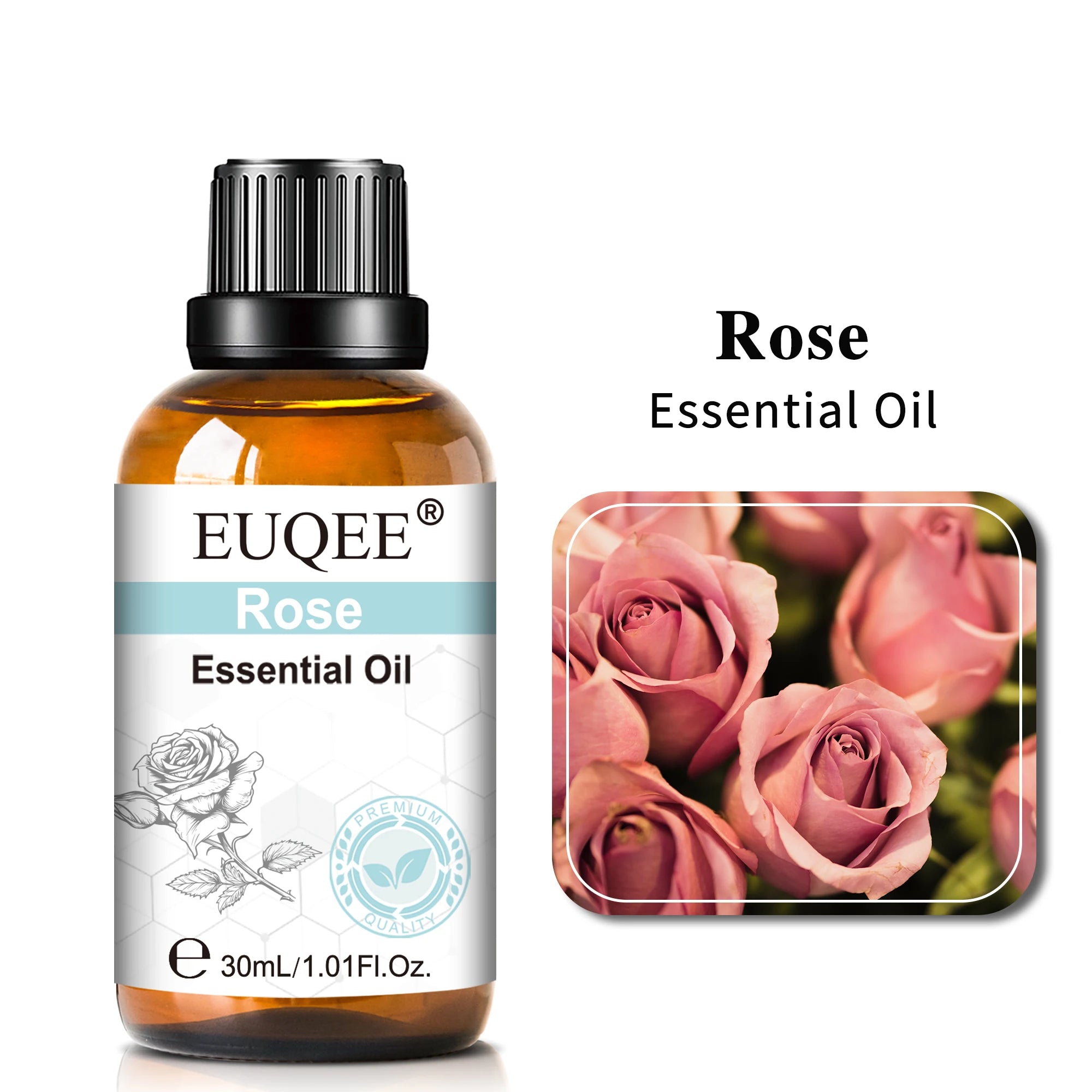 30ml bottle of Rose essential oil in an amber glass bottle with black dropper cap and floral label.