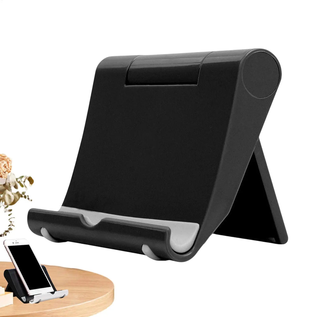 Adjustable black and grey plastic folding phone and tablet stand for hands-free viewing on a desk.