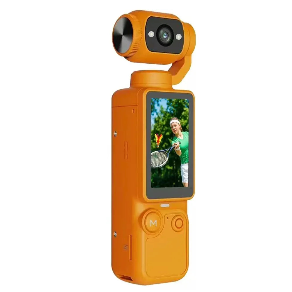 Orange handheld plastic gimbal camera with a built-in vertical touchscreen display and physical control buttons.