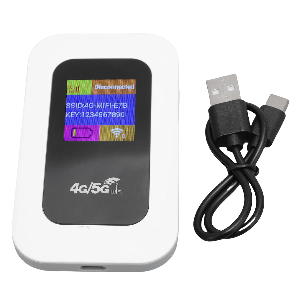 White portable 4G/5G WiFi hotspot device with a digital display screen, including a black USB-C charging cable.