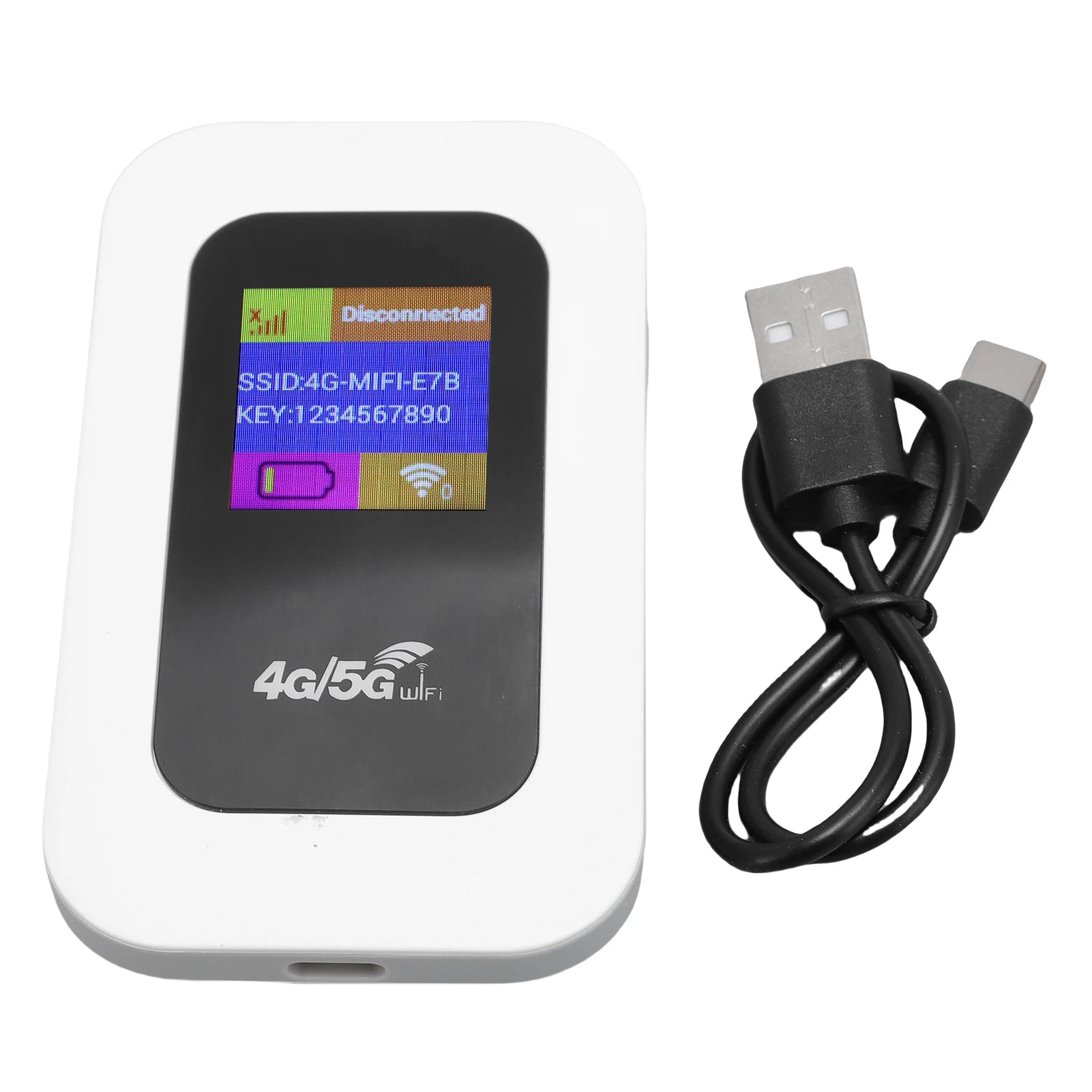 White portable 4G/5G WiFi hotspot device with a digital display screen, including a black USB-C charging cable.