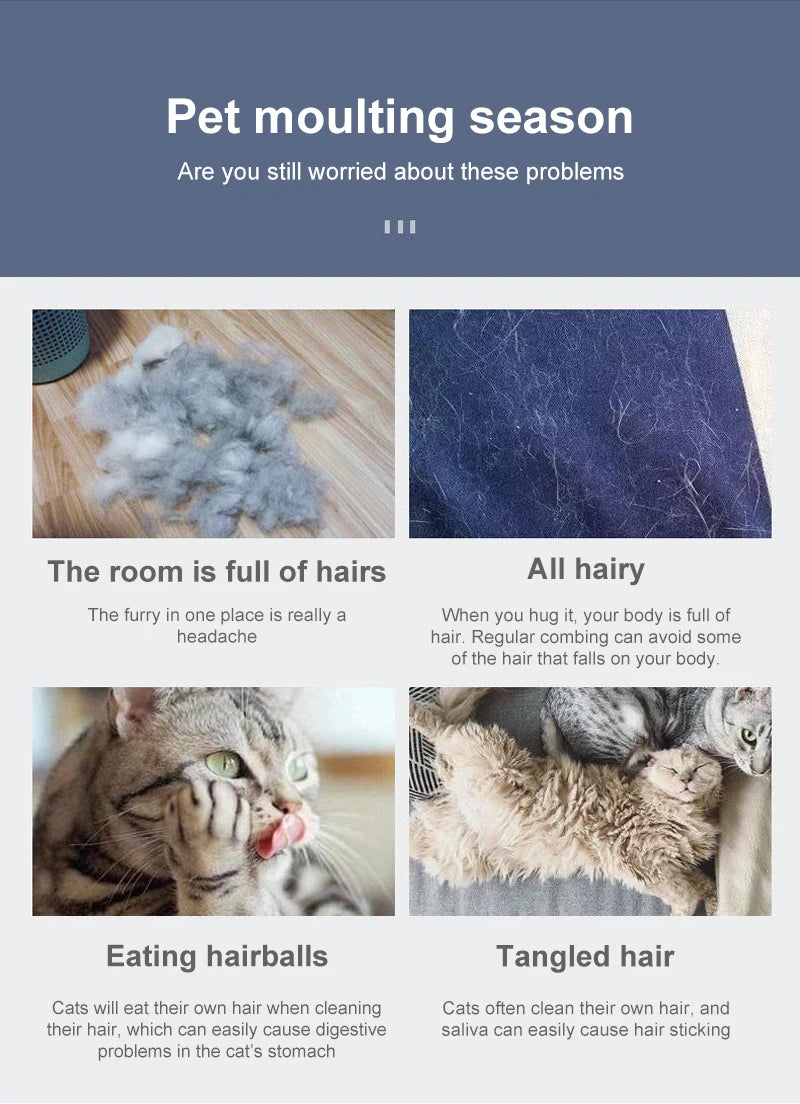 Informational graphic showing common pet grooming issues like hairballs, shedding on floors, and tangled cat fur.