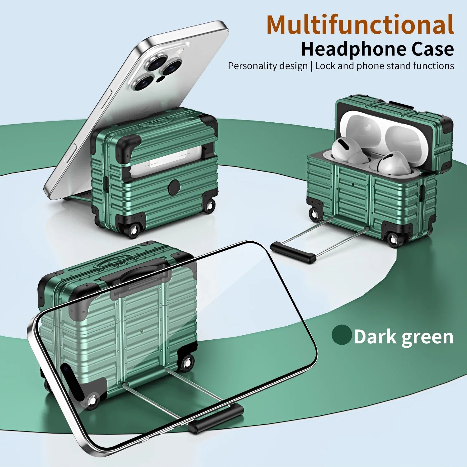 Dark green metallic suitcase-style AirPods Pro case with integrated phone stand.