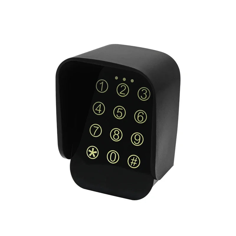 Black plastic outdoor keypad with sun visor and light-up numerical buttons for secure door access.