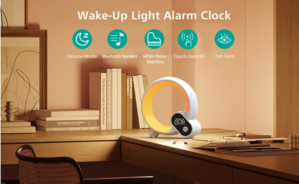 A white, circular LED wake-up light with a digital display, featuring touch control and snooze mode on a wooden desk.