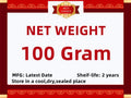 White product label with red borders, stating 100g net weight, 2-year shelf life, and storage instructions.