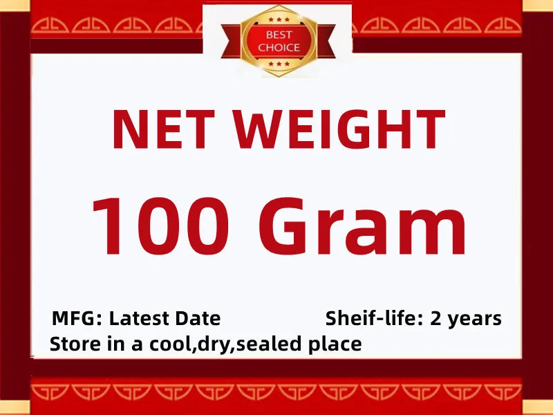 White product label with red borders, stating 100g net weight, 2-year shelf life, and storage instructions.