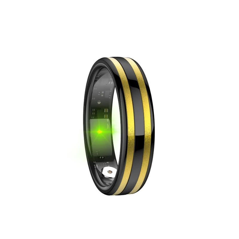 Black and gold fitness tracking ring with a green sensor light visible on the inside band.