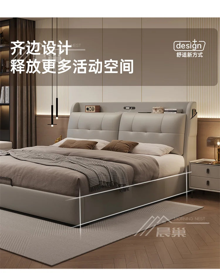 Modern cream upholstered storage bed with a tufted headboard, integrated shelving, and charging ports.