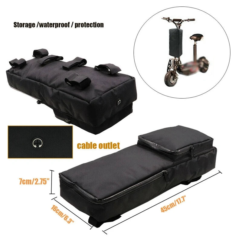 Black waterproof electric bike battery storage bag with strap mounts, cable outlet, and dimensions 45x16x7cm.