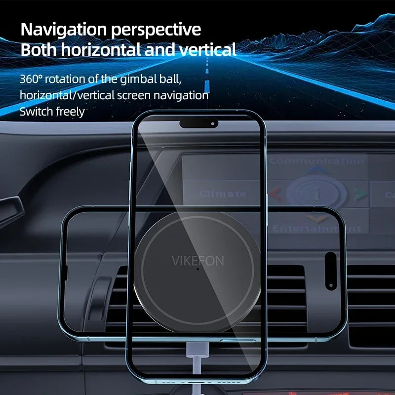Black car phone mount for vents, supporting 360-degree rotation for horizontal or vertical phone positioning.