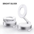 Bright silver foldable ring light and phone mount stand with a circular base and adjustable arm.