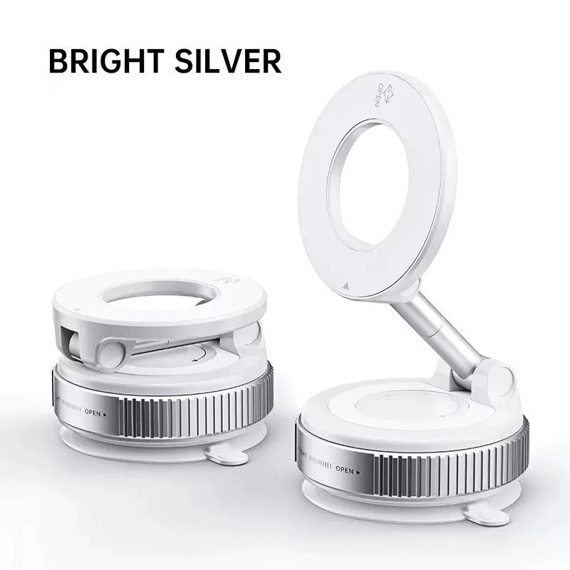 Bright silver foldable ring light and phone mount stand with a circular base and adjustable arm.