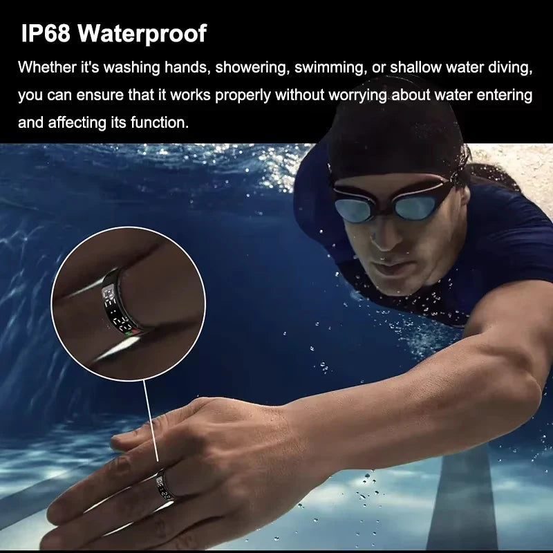 Sleek, silver waterproof smart health ring with digital display worn by a swimmer.